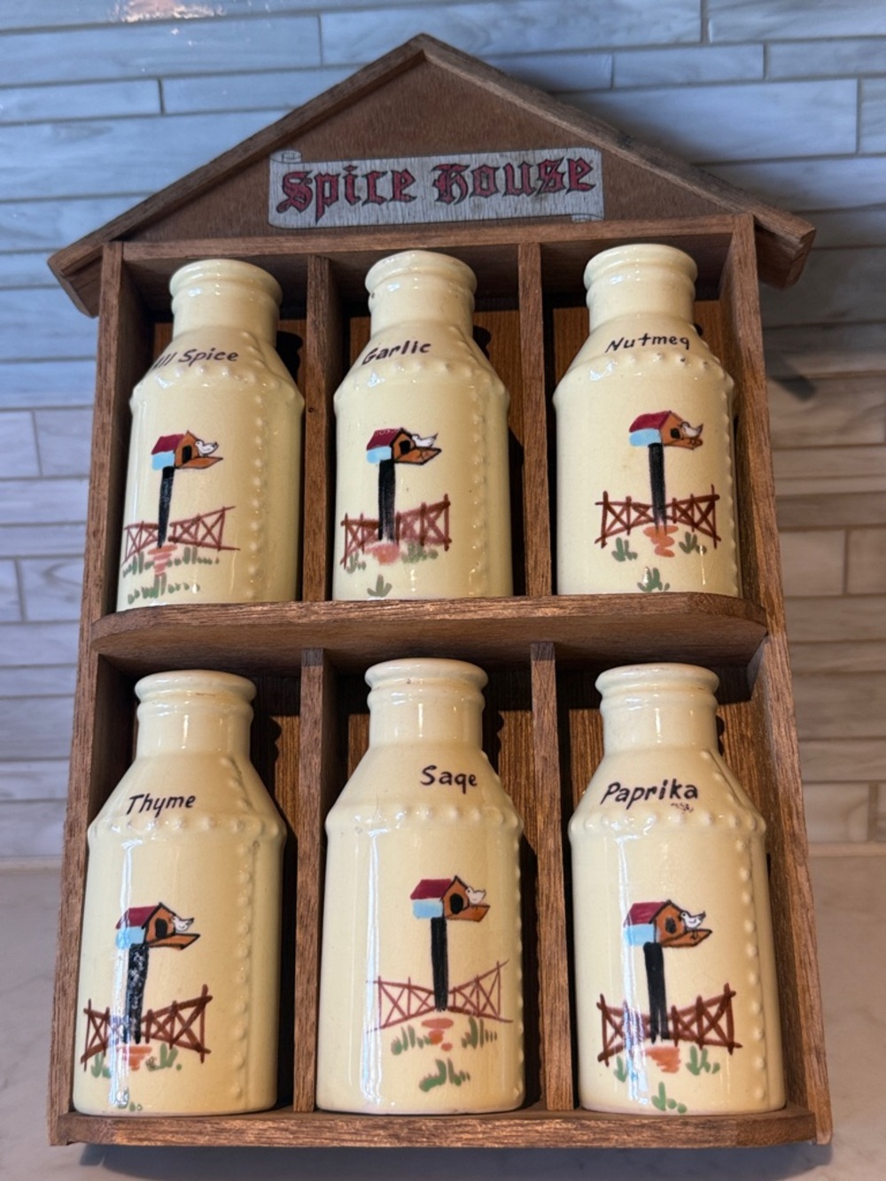 Vintage Wooden Spice Rack with Ceramic Jars Birdhouse Theme